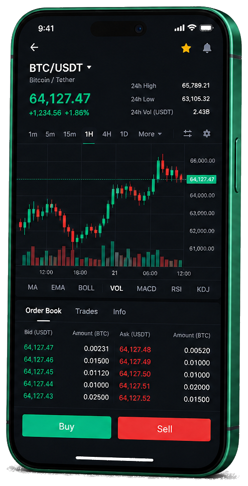 Application mobile Nacre Fondivo — graphique BTC/USDT en direct, carnet d’ordres et outils de trading